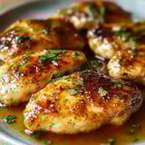 Chicken with sauce on a plate.
