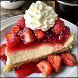 A slice of cheesecake with strawberries on top.