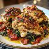 A plate of chicken with greens and tomatoes.
