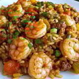 A plate of shrimp and rice.