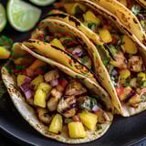 Two tacos with chicken and pineapple.