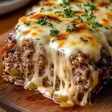 A slice of cheese covered meat on a wooden cutting board.