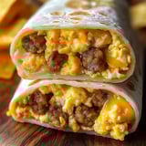 A breakfast burrito with sausage and eggs.