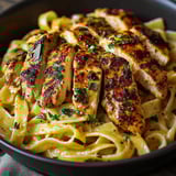 A bowl of pasta with chicken and herbs.