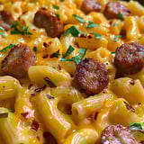 A plate of macaroni and cheese with sausage.