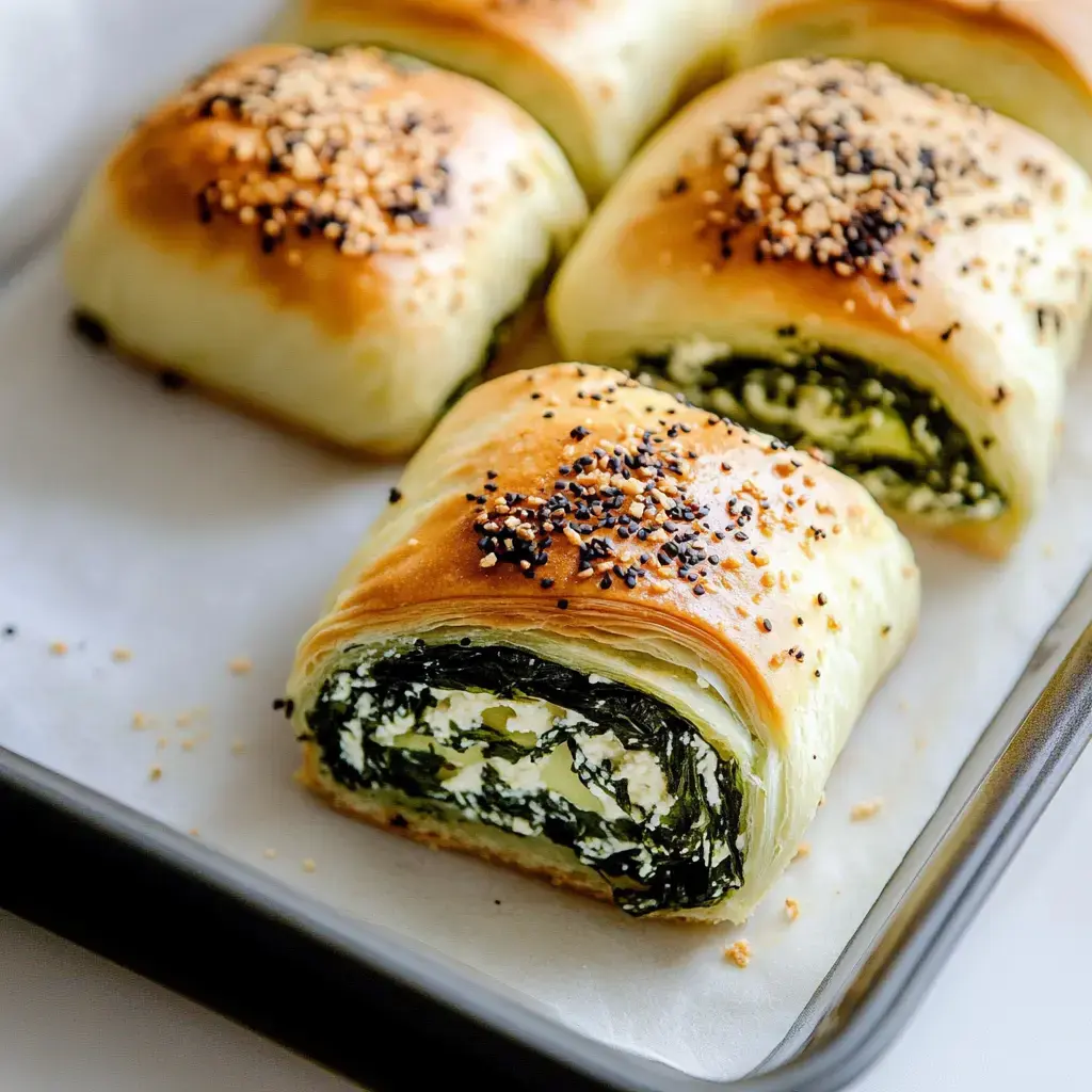 Freshly baked pastries filled with spinach and cheese, finished with sesame topping.