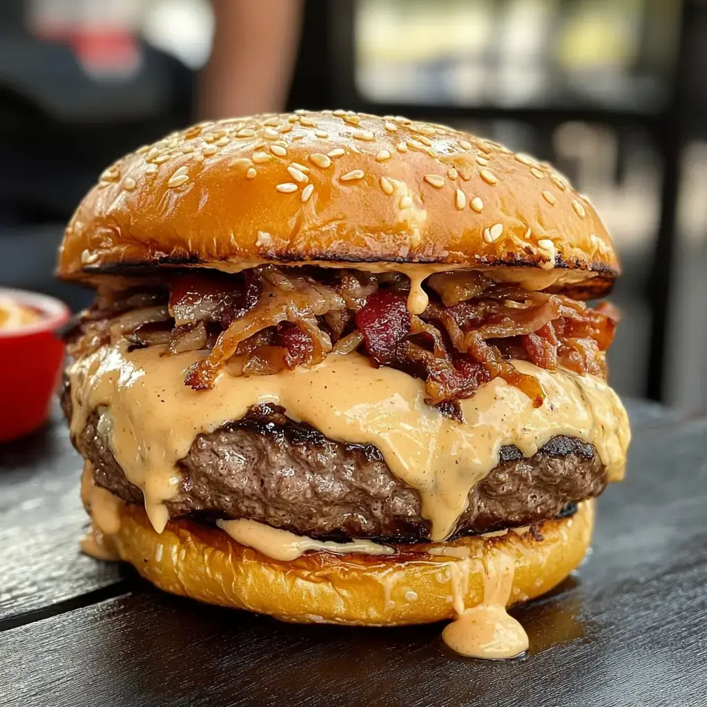 Close-up of a melty, bacon-loaded burger on a sesame bun sitting on wooden table.