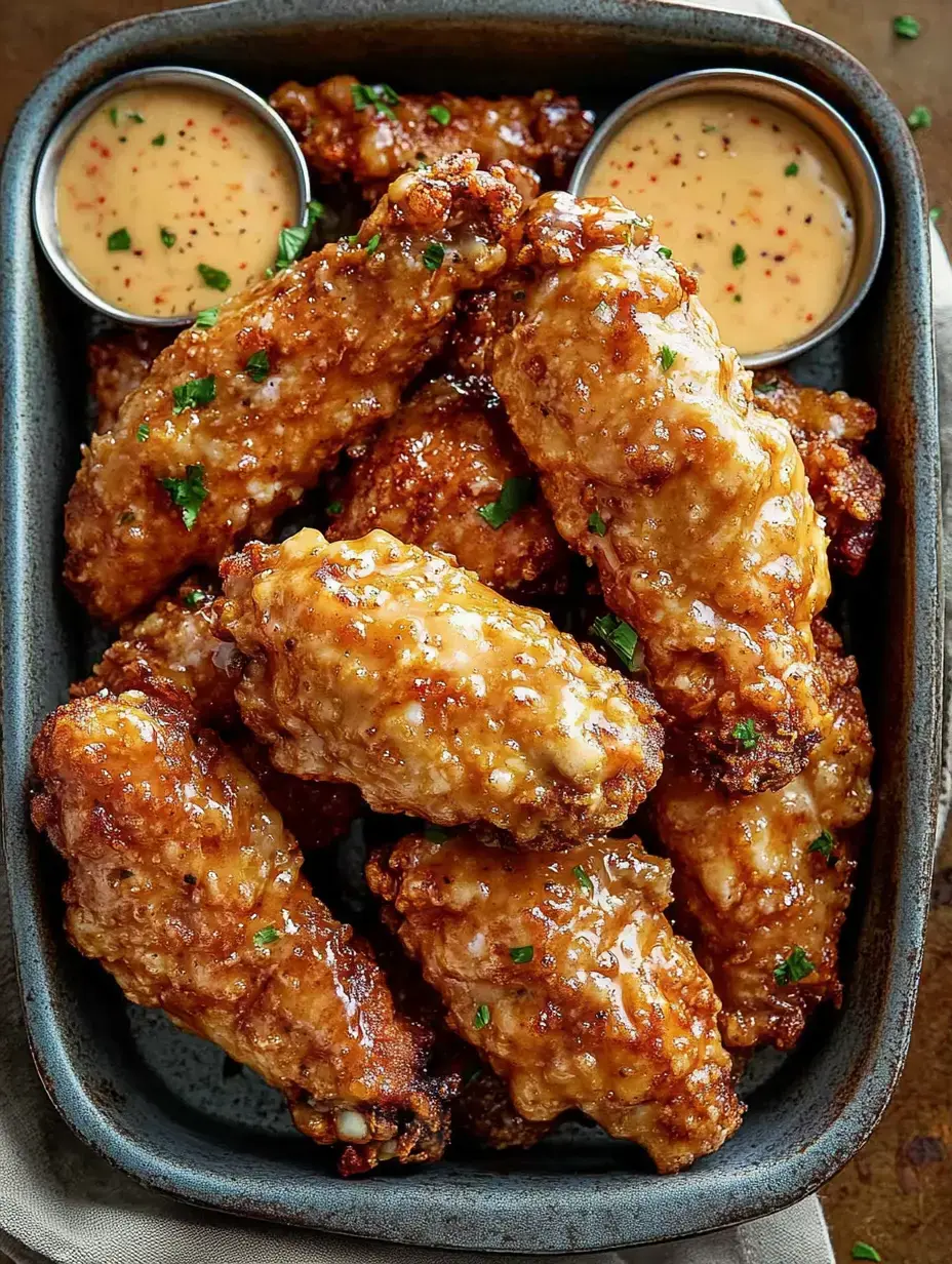 Close-up of crispy chicken strips glazed in sauce, served in a gray dish beside small sauce bowls.