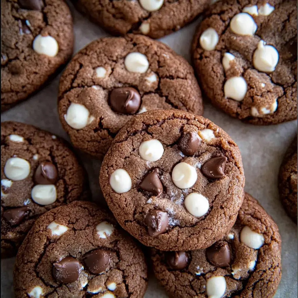 Close-up of chewy chocolate cookies topped with marshmallows and chocolate chips.