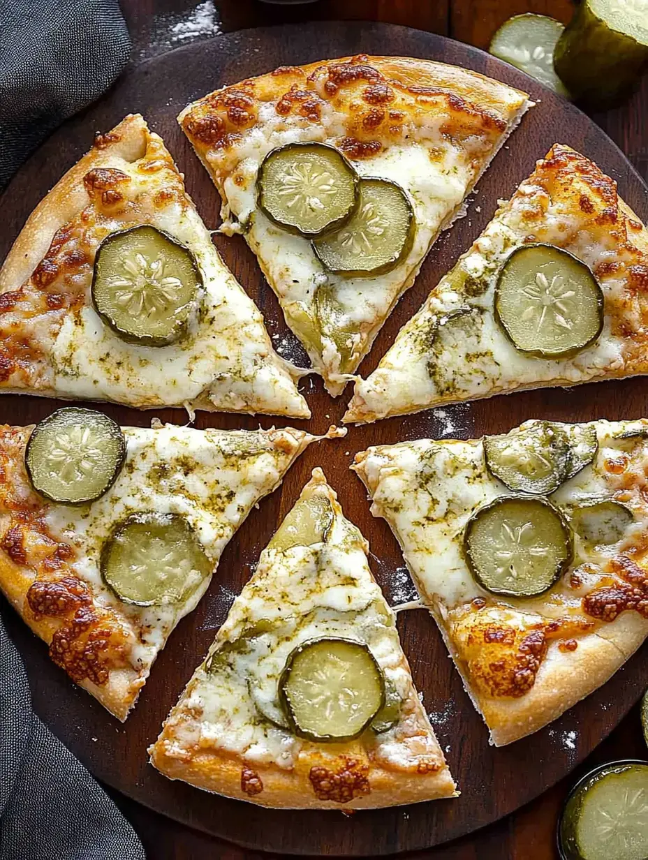Six cheesy pizza slices topped with pickles sitting on a wooden tray.