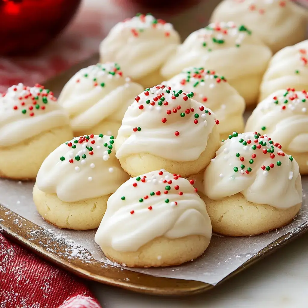 A festive tray of white-glazed cookies sprinkled with red, green, and white dots, surrounded by holiday decor.