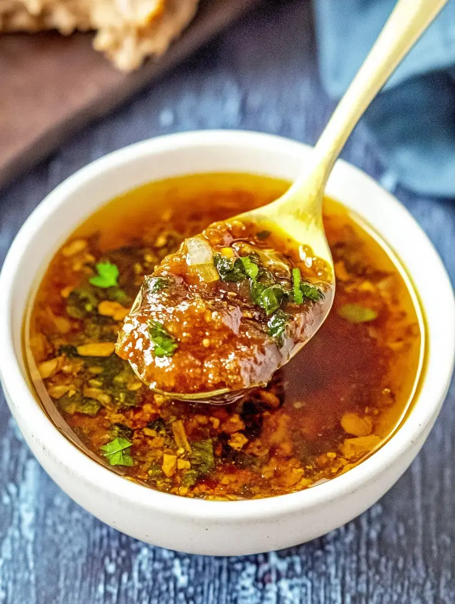 A white spoon scoops a bright green and herb-packed sauce from a small bowl.