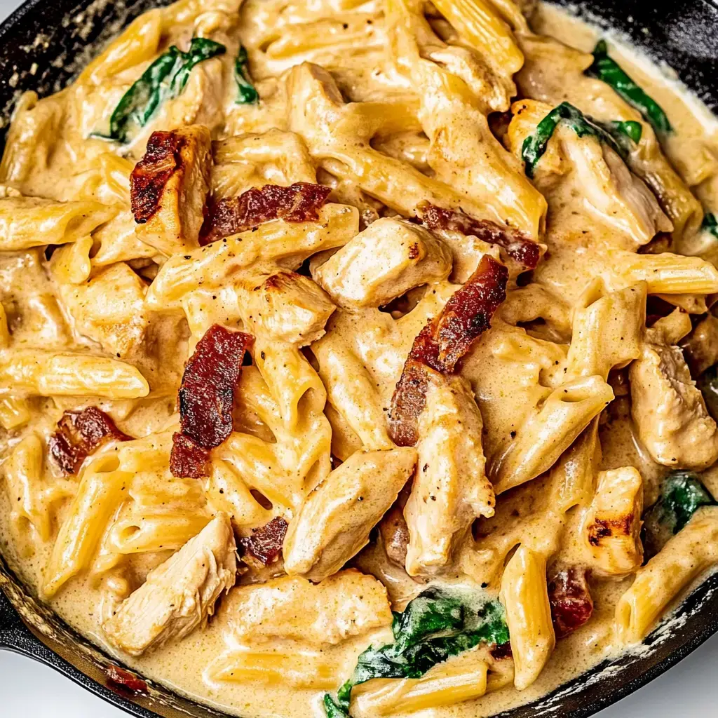 A bowl of creamy pasta with penne, chicken chunks, crispy bits of bacon, and fresh spinach.