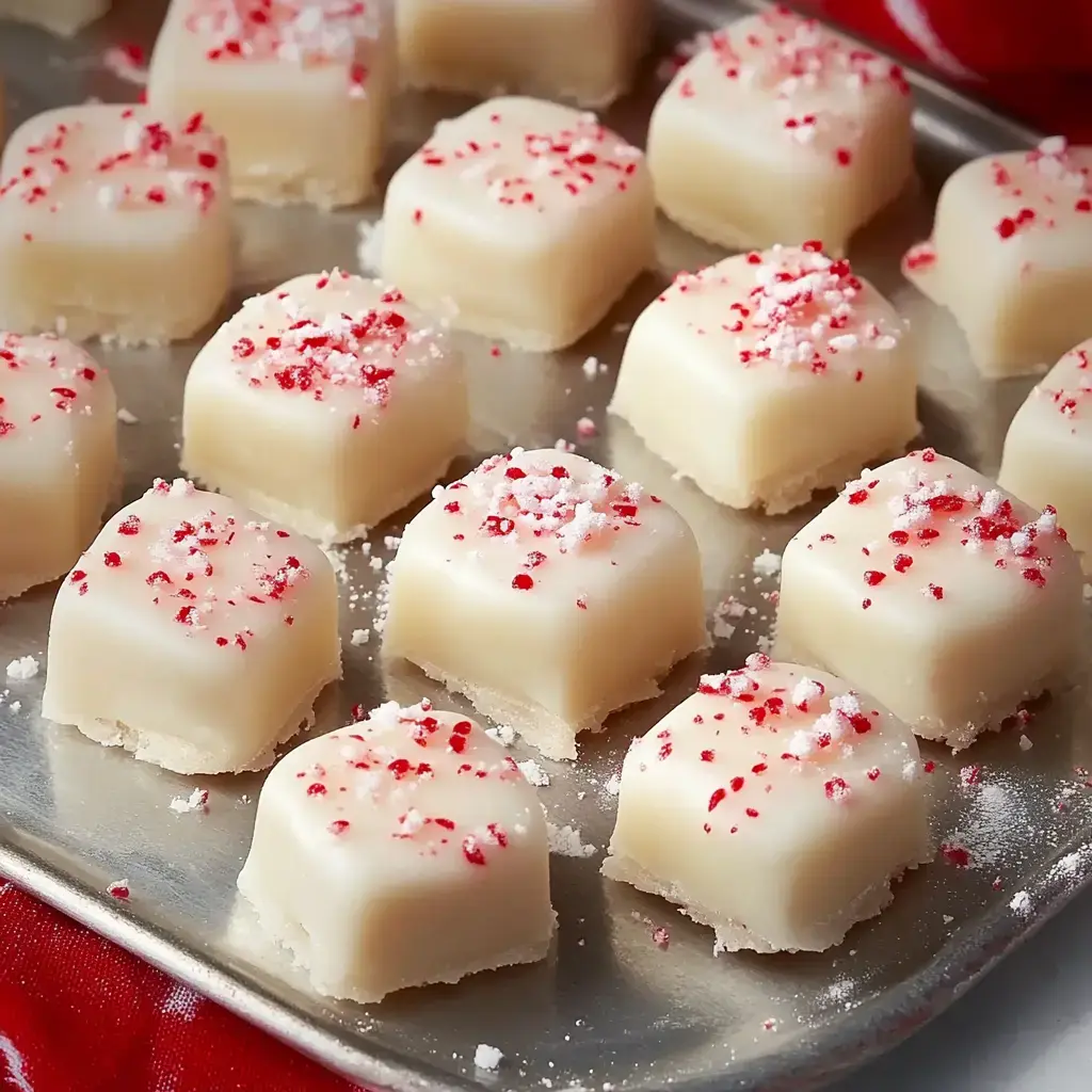 Plate of square peppermint shortbread cookies with red sprinkles on top.