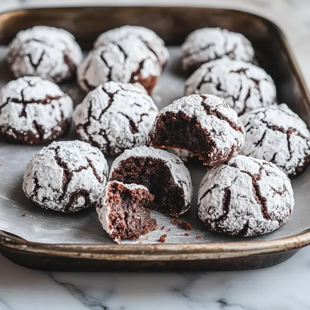 A plate of powdered sugar-coated cookies, with one cracked open to reveal a soft center.