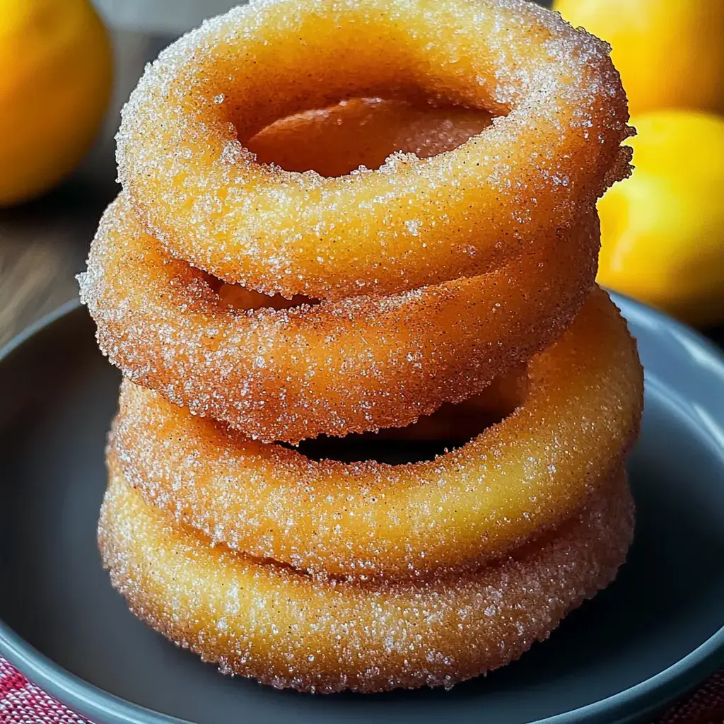 Four sugar-dusted donut rings stacked on a plate, with blurred lemons in the background.