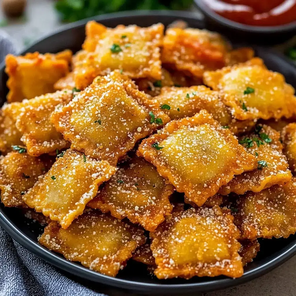 A bowl of crunchy, golden ravioli sprinkled with cheese and parsley, up close.