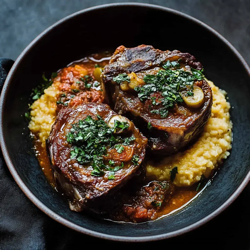 Tender meaty shanks on smooth polenta with rich sauce and herbs on top.