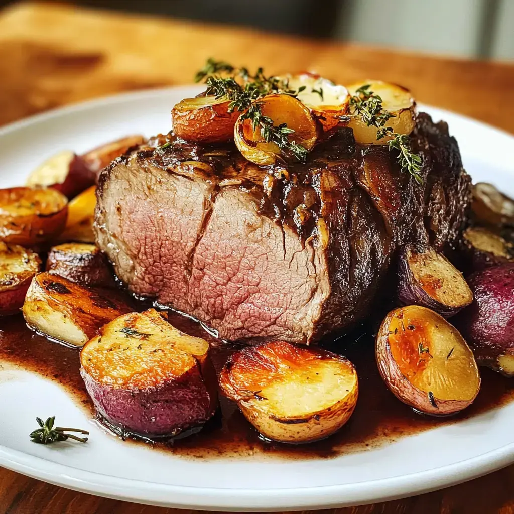 Tender beef roast with a pink middle. Fresh thyme on top. Sliced and sitting by golden and purple potatoes.