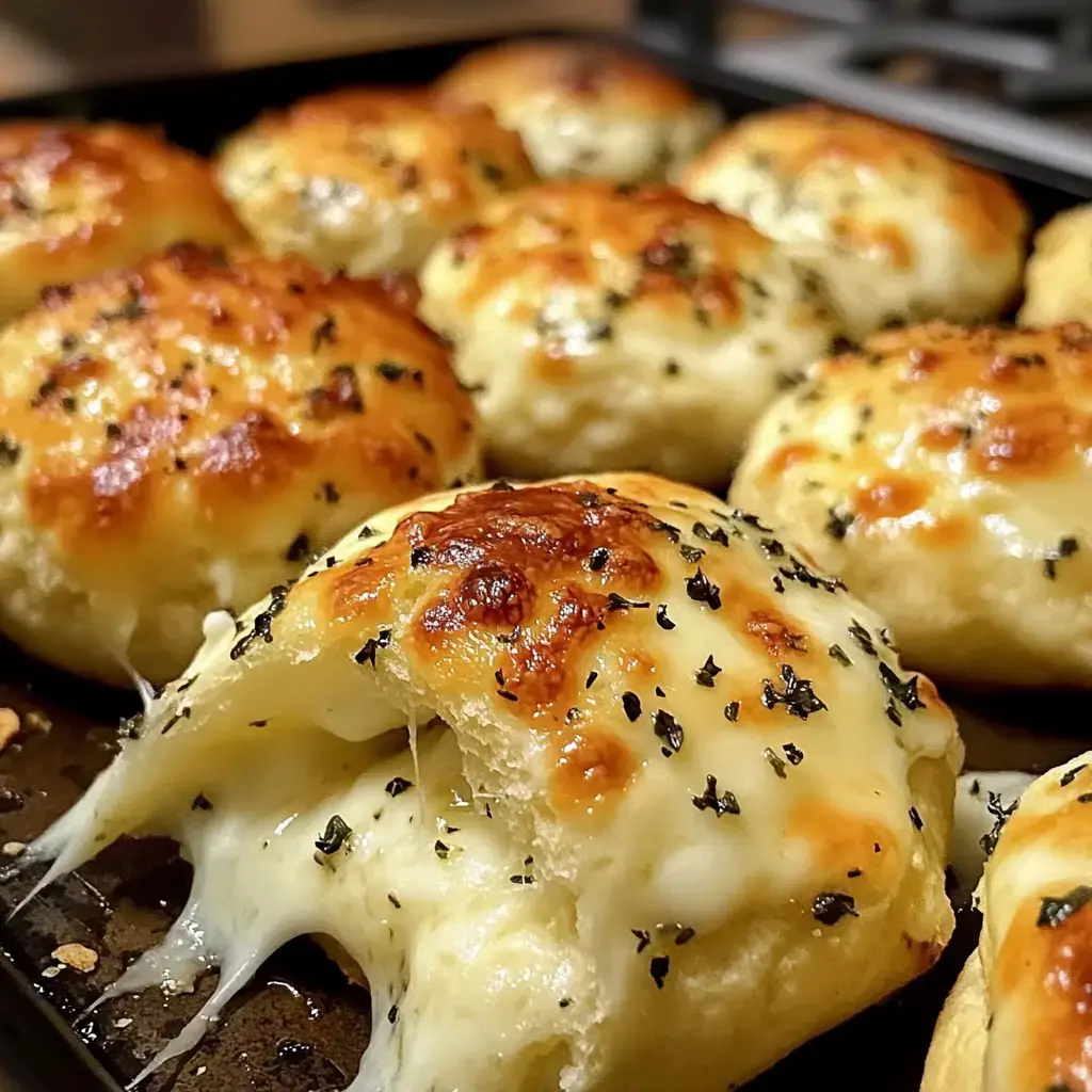 Close-up of crispy brown cheese-stuffed biscuit rolls with gooey cheese melting out and herbs on top.