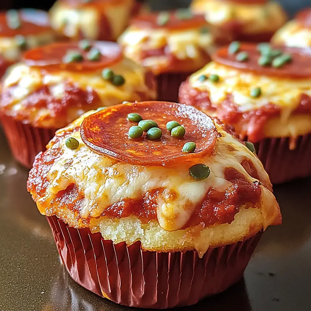 Close-up of golden cheesy muffins with pepperoni and green bits, all sitting on a dark pan.