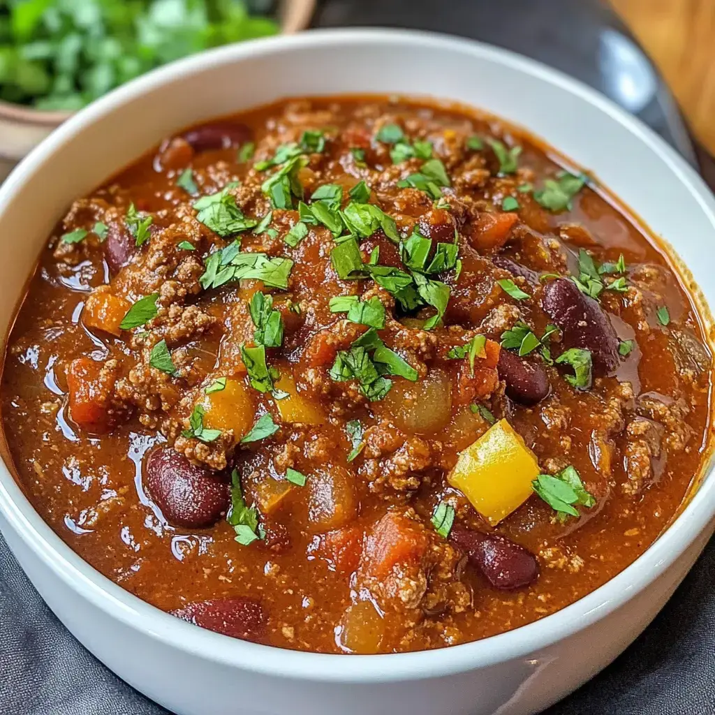 Here’s a steaming bowl of chili dressed up with bright cilantro, chunky veggies, beans, and tasty, crumbly meat.