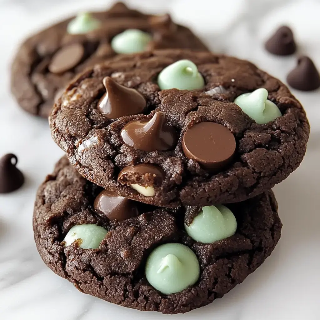 Stacked chocolate cookies dotted with mint and dark chocolate chips on a marble countertop.