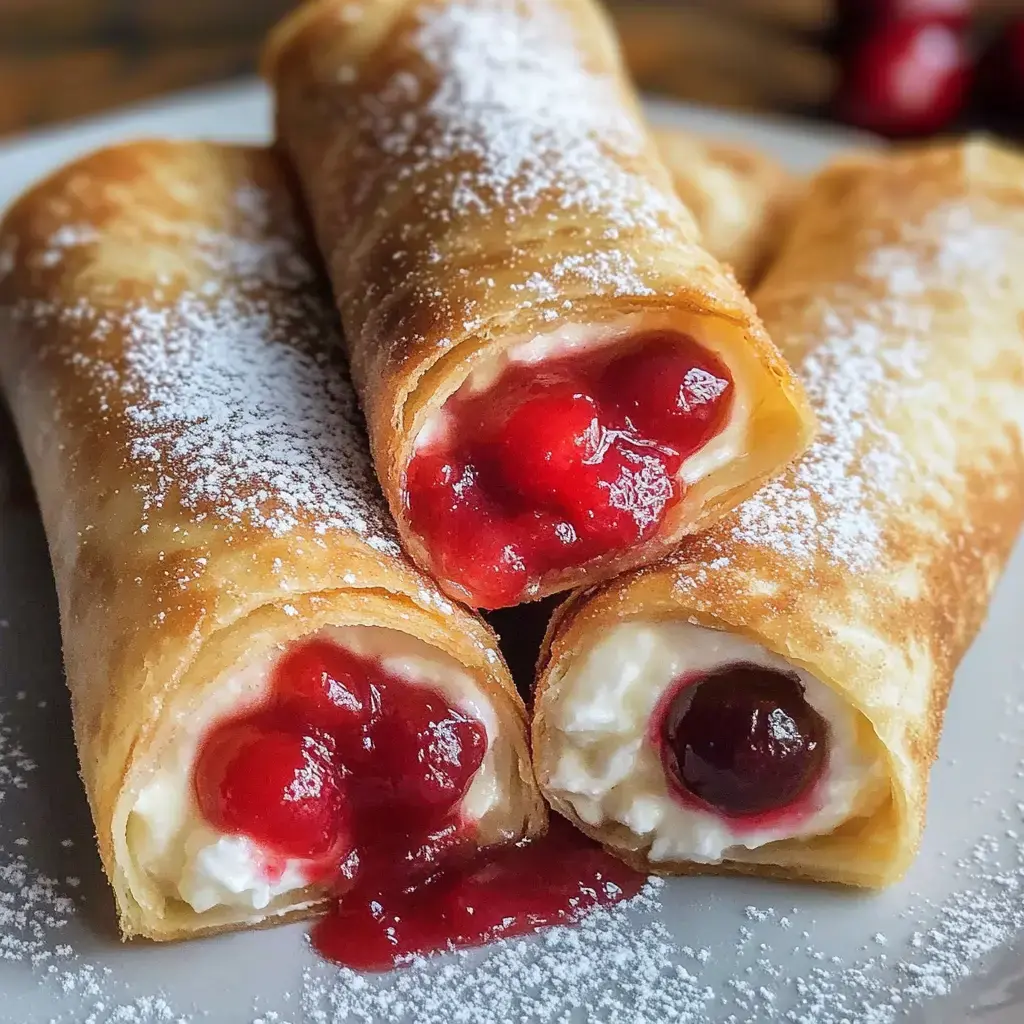 Three fried rolls stuffed with creamy filling and sweet cherry jam, finished with powdered sugar, set on a plate.