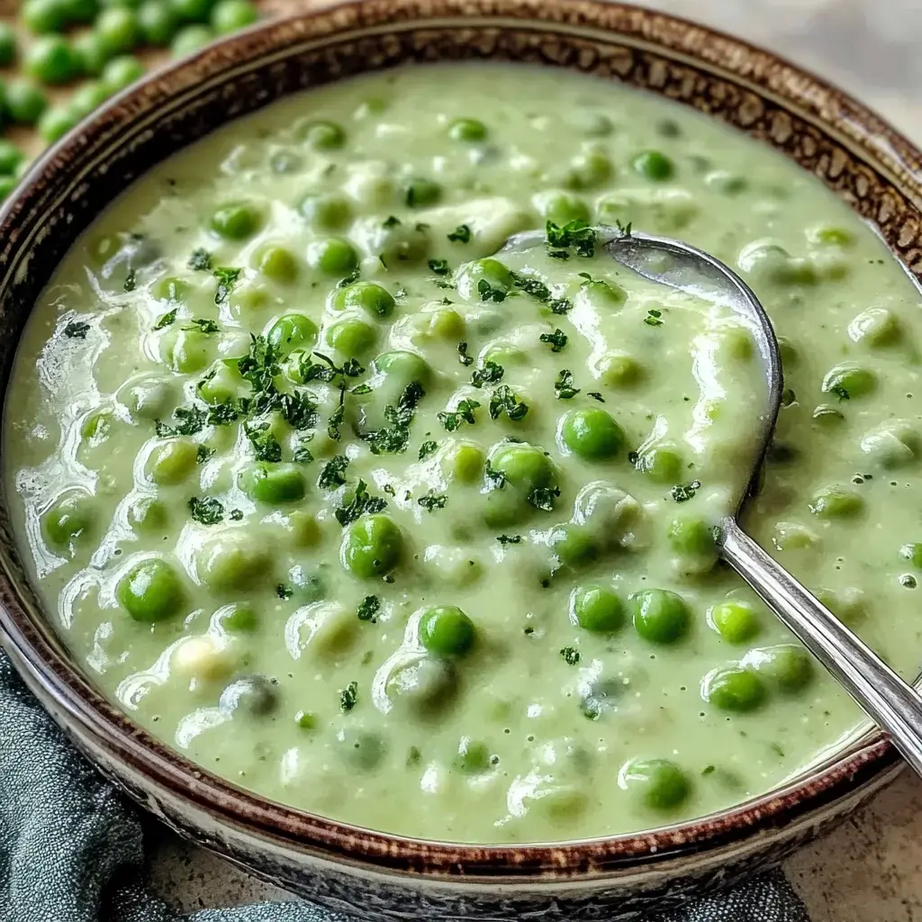 A bowl of creamy peas topped with herbs, served with a spoon on the side.