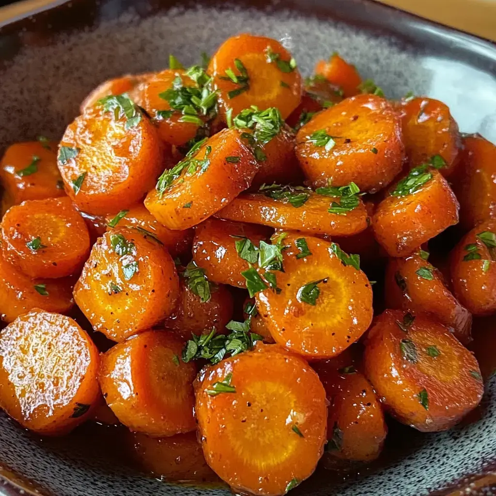 Bright sautéed carrot slices glistening and topped with fresh greens.