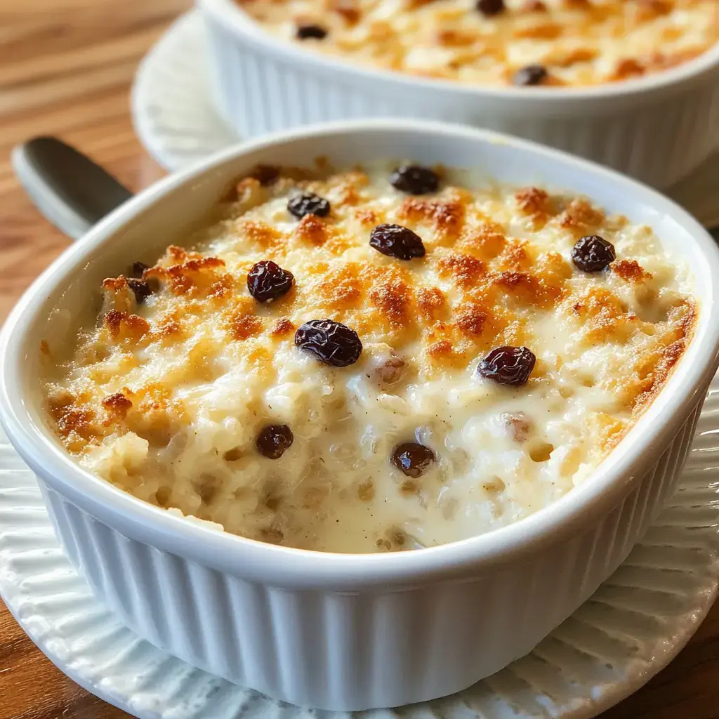 A golden, creamy dessert speckled with raisins, served in a white baking dish.