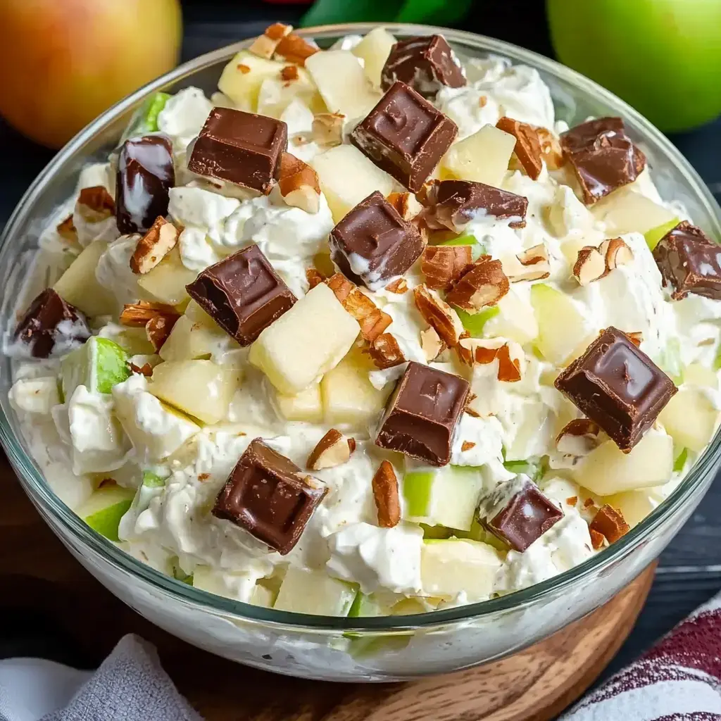 A clear bowl with creamy apple salad, Snickers bites, and nuts topped with apple chunks and chocolate bits.