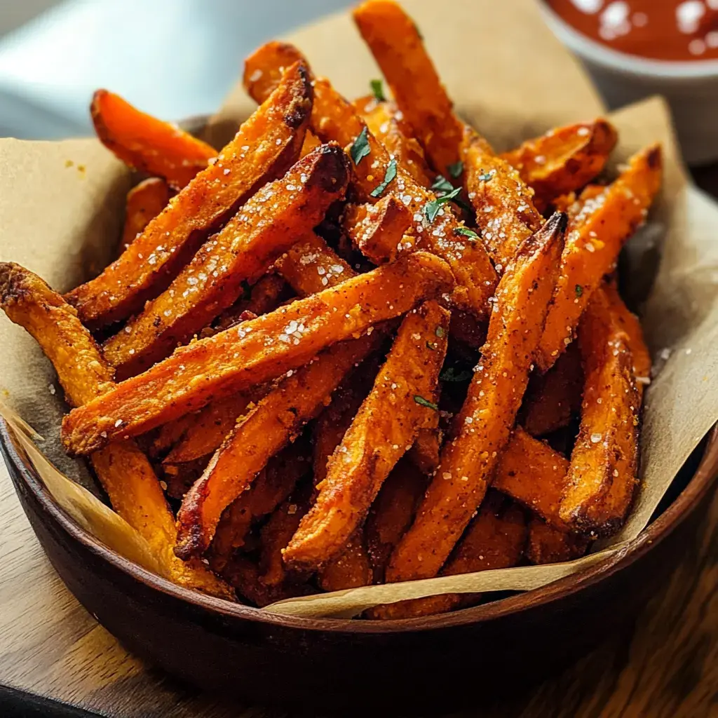 Seasoned crispy sweet potato fries in a bowl with ketchup on the side.
