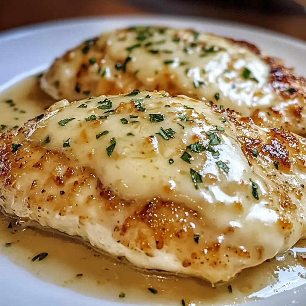 Golden, cheesy chicken breasts sprinkled with parsley on a plate with sauce.
