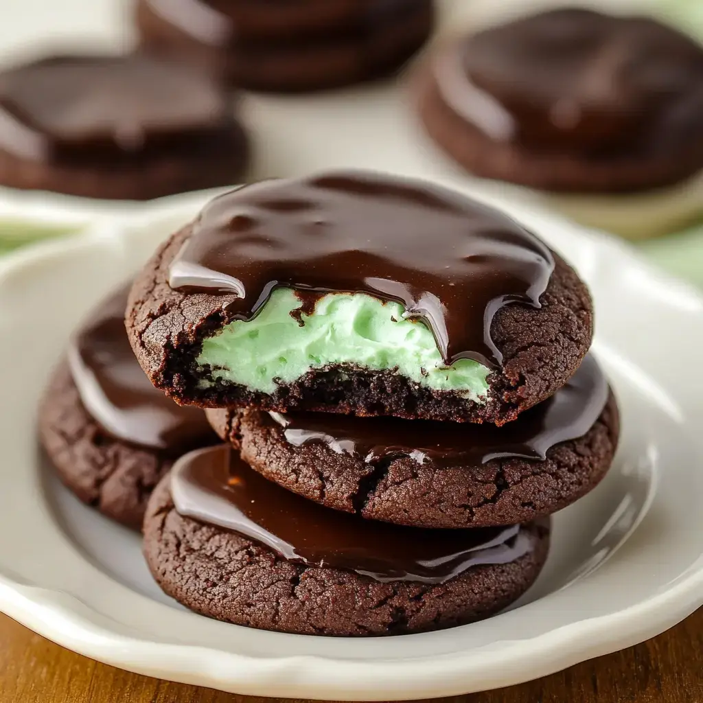 Stacked chocolate cookies with mint green filling and a shiny chocolate top, with one cookie bitten to show the filling.
