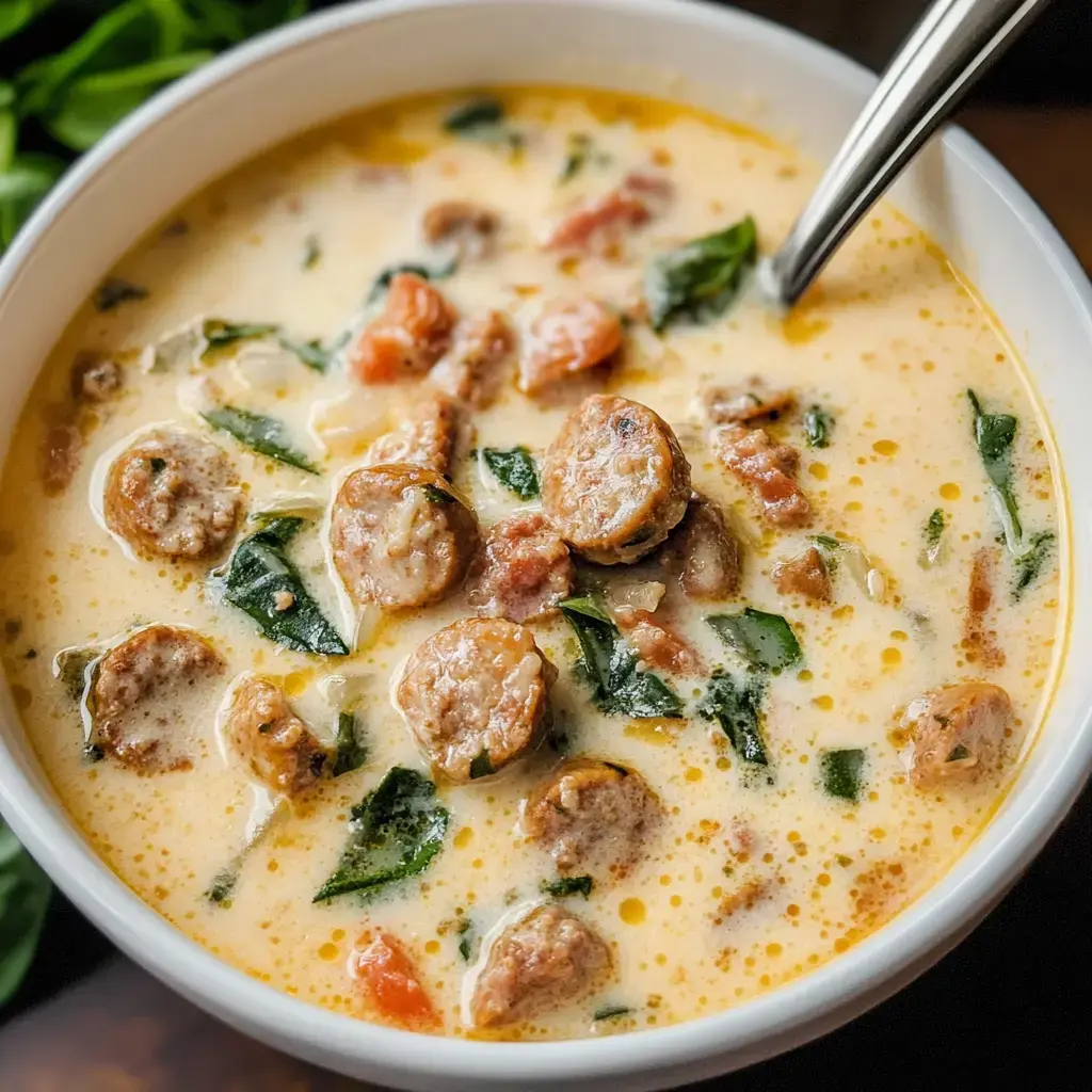 Close-up of a creamy stew with sausage slices, spinach, and tomatoes in a bowl.