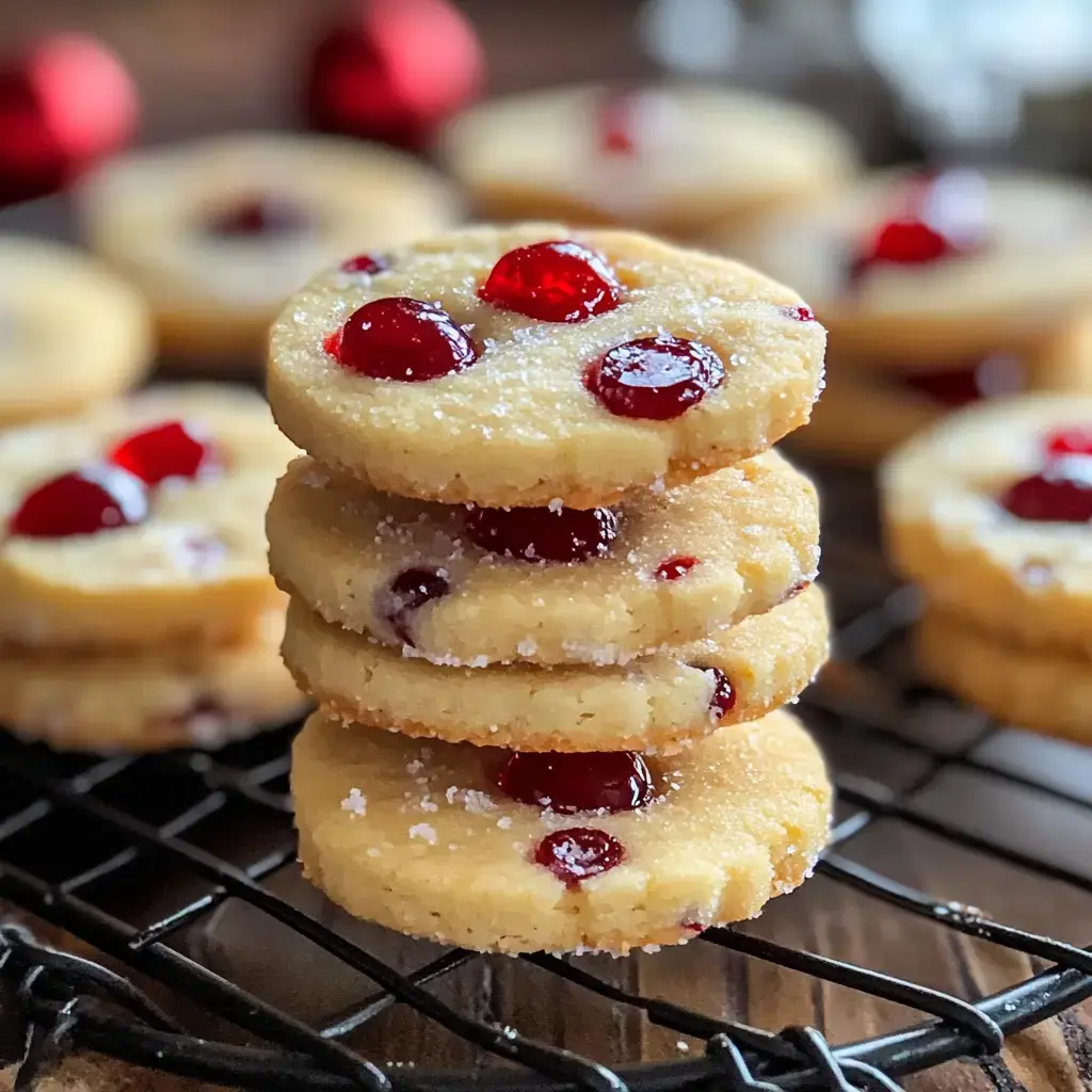 A stack of round cookies with hints of red cherries sitting on a wire rack, with a few more cookies visible behind them.