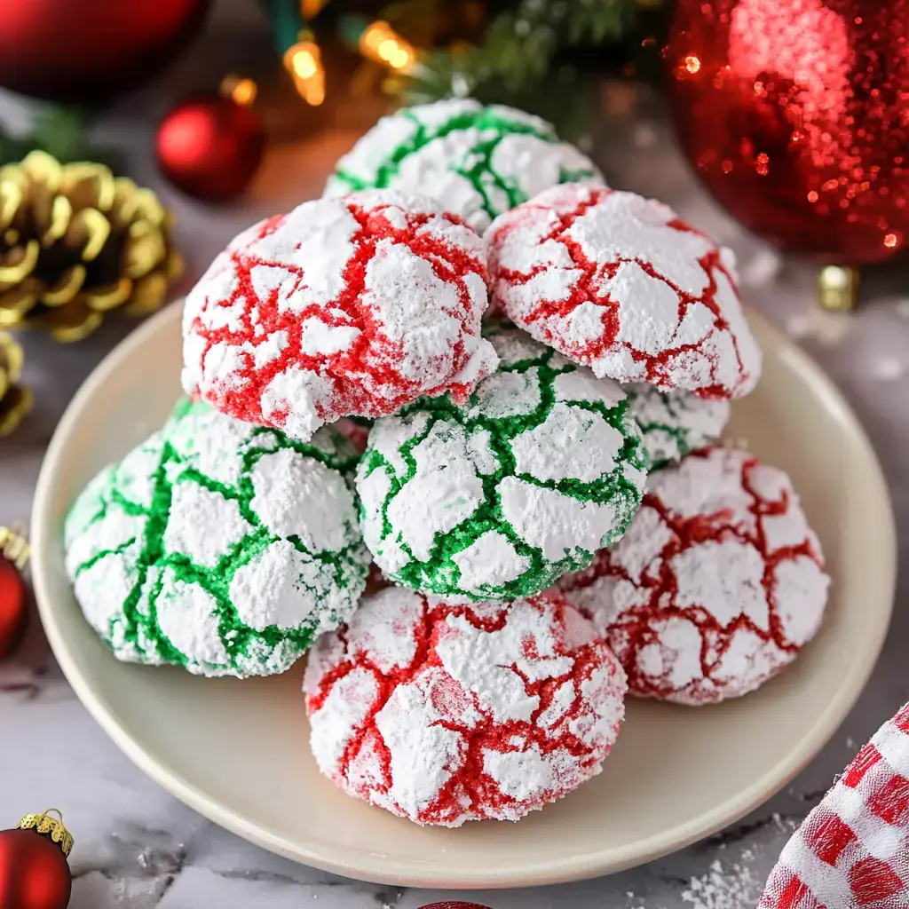 A cheerful plate of red and green crinkle cookies dusted in powdered sugar, surrounded by festive decor.
