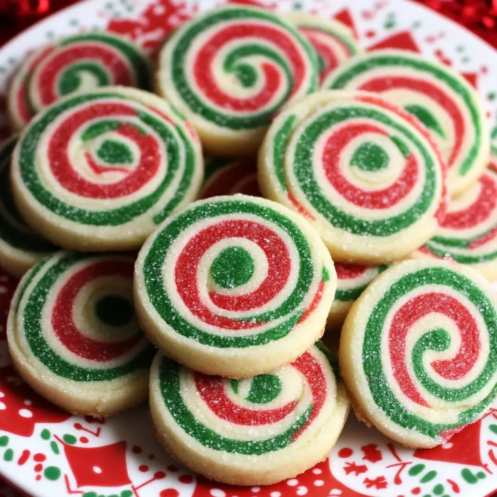 Cheerful spiral cookies with red and green swirls, beautifully displayed on a holiday table.