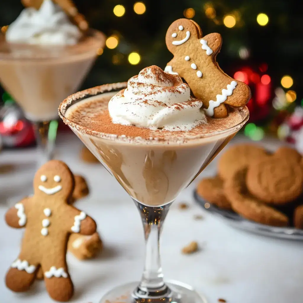 A cozy drink with whipped cream and cookie garnishes in front of a warm holiday background.