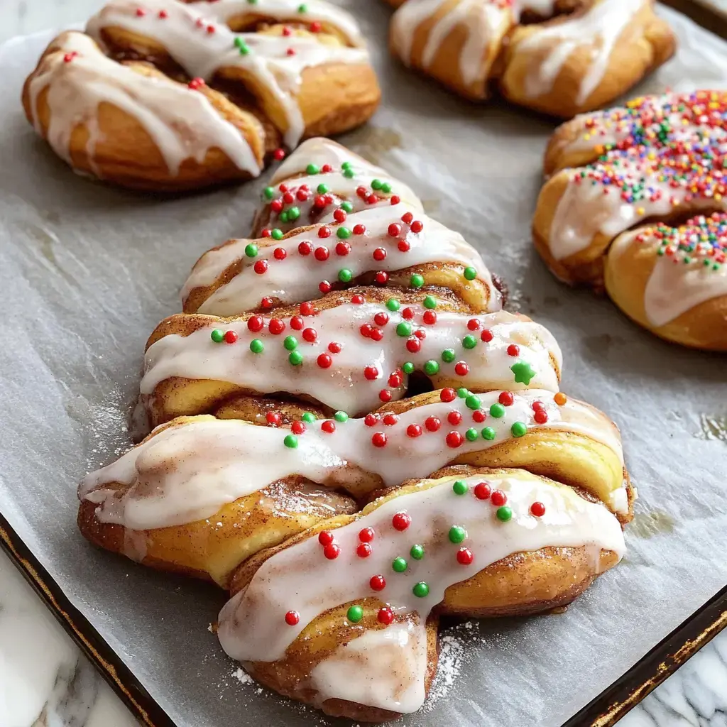 A Christmas tree-shaped dessert with frosting and colorful holiday sprinkles, sitting on parchment paper.