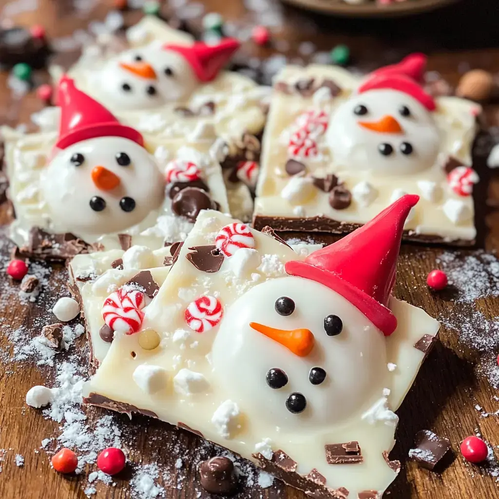 Festive chocolate bark with edible snowman faces made of white chocolate, candy, and peppermint details.