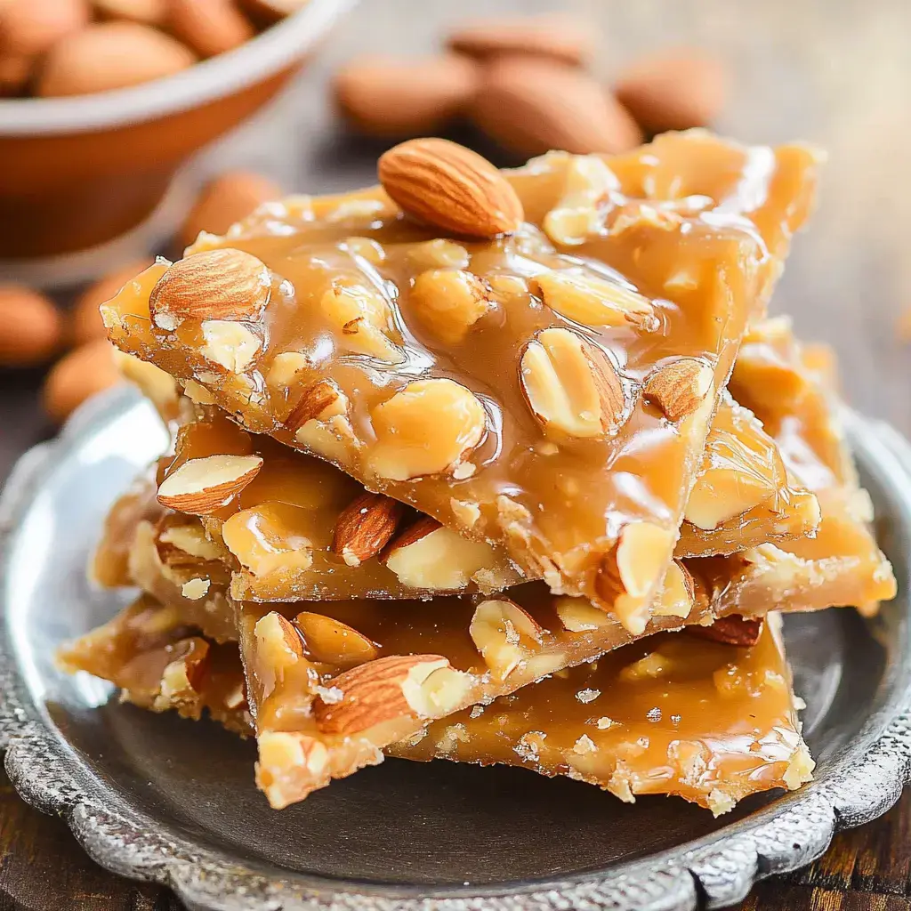 Close-up of stacked nut toffee pieces with almonds on a silver plate and scattered almonds nearby.