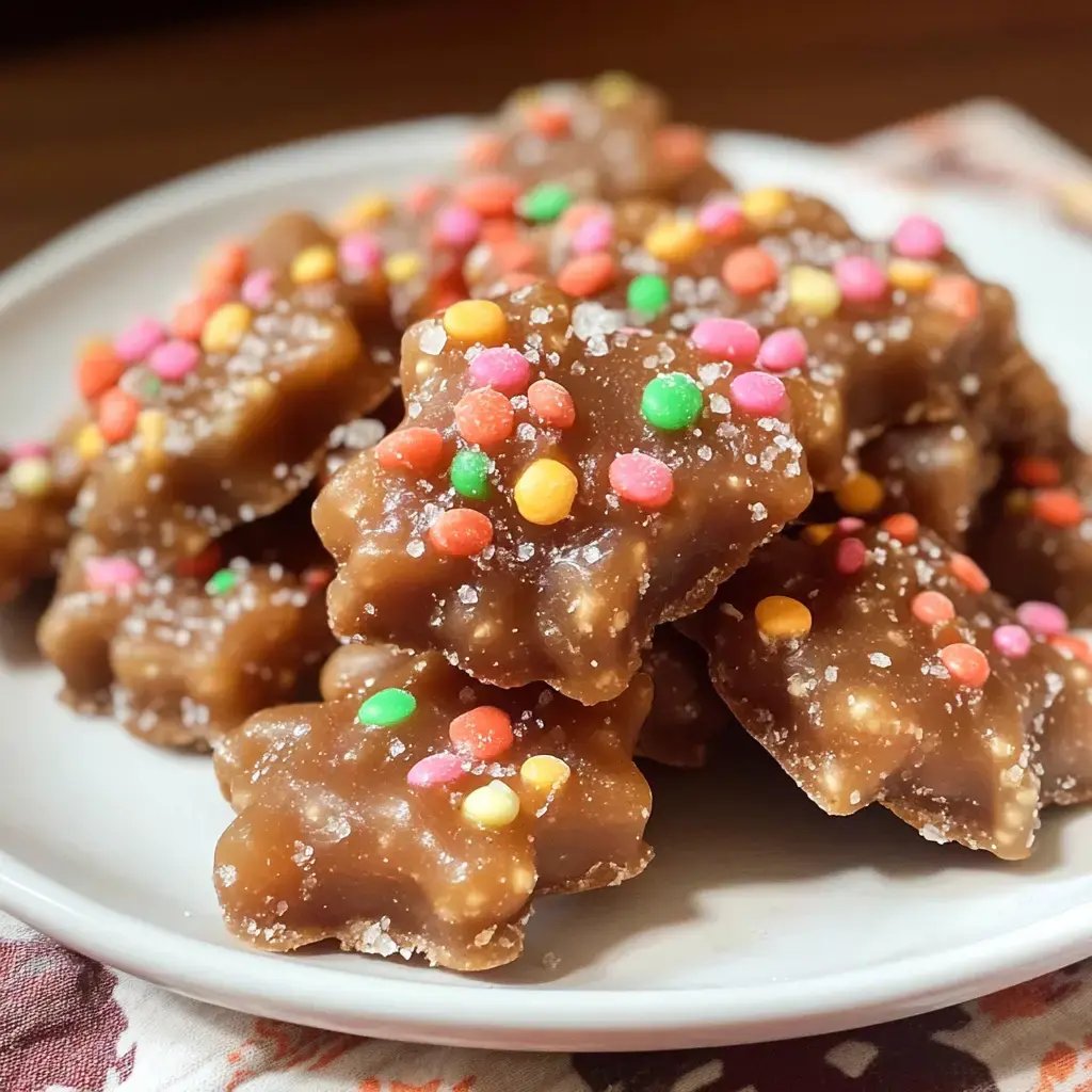 A plate of chocolate-shaped sweets sprinkled with colorful sugar and toppings.