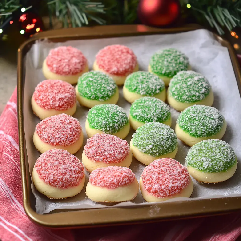 Tray of bright cookies in green, red, and white with sparkling tops on a buttery base, surrounded by holiday decor.