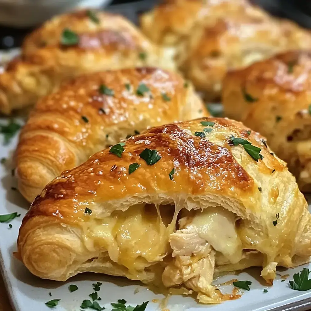 Golden flaky rolls stuffed with chicken and cheese, sprinkled with fresh parsley.