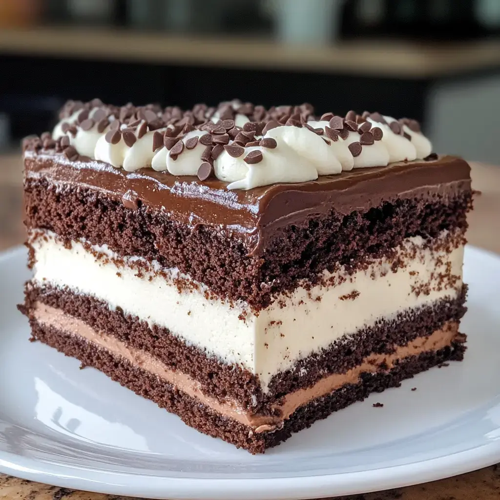 Chocolate cake slice showing mousse layers, frosted with creamy chocolate and topped with sprinkles.