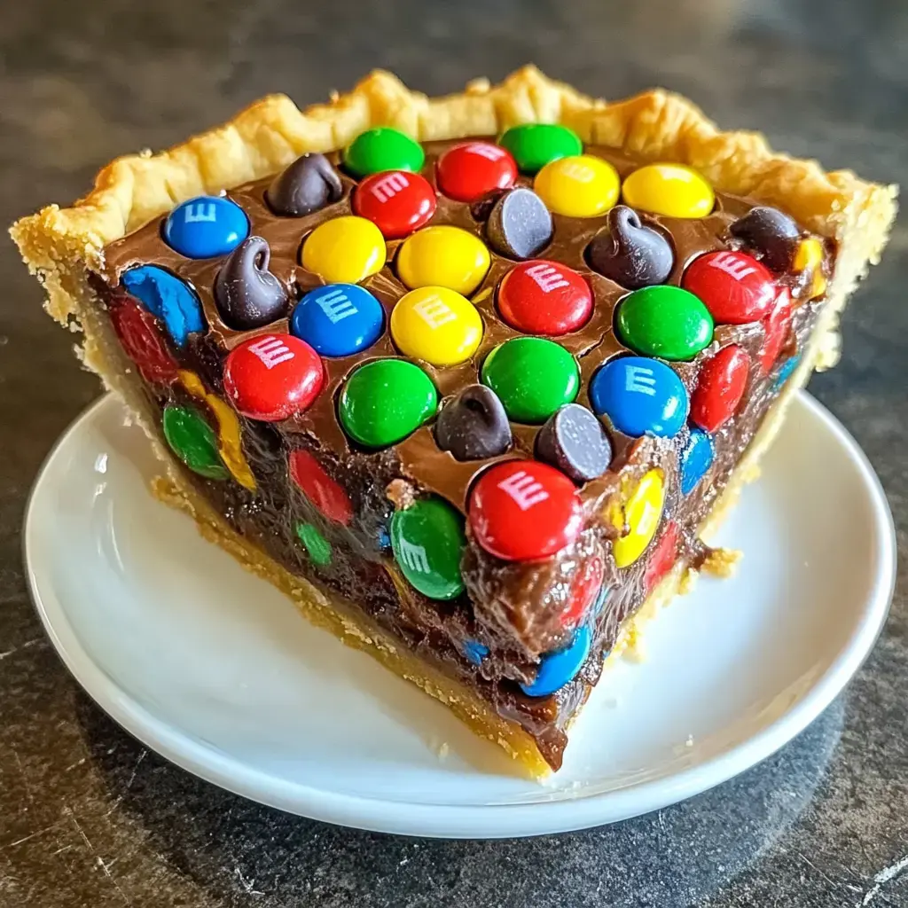 A piece of pie loaded with chocolate chips and colorful candies on a plate.