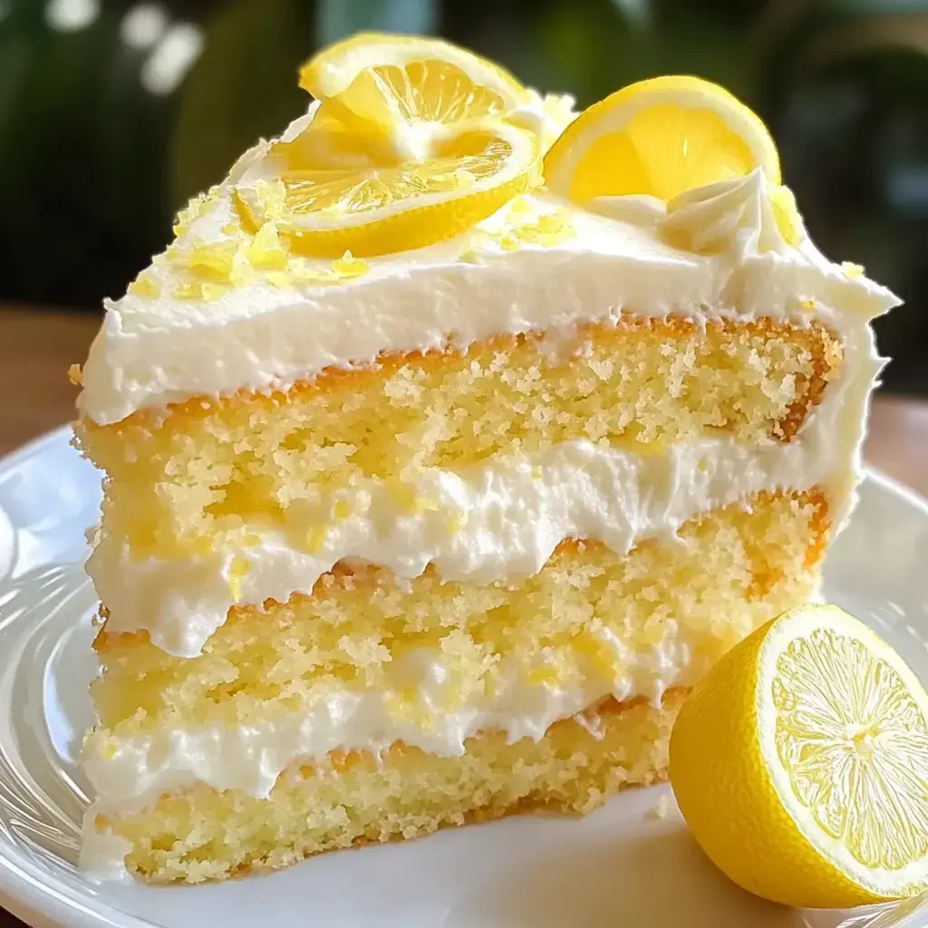 A moist lemon cake slice topped with cream cheese frosting and garnished with lemon slices sits near a wedge of lemon.