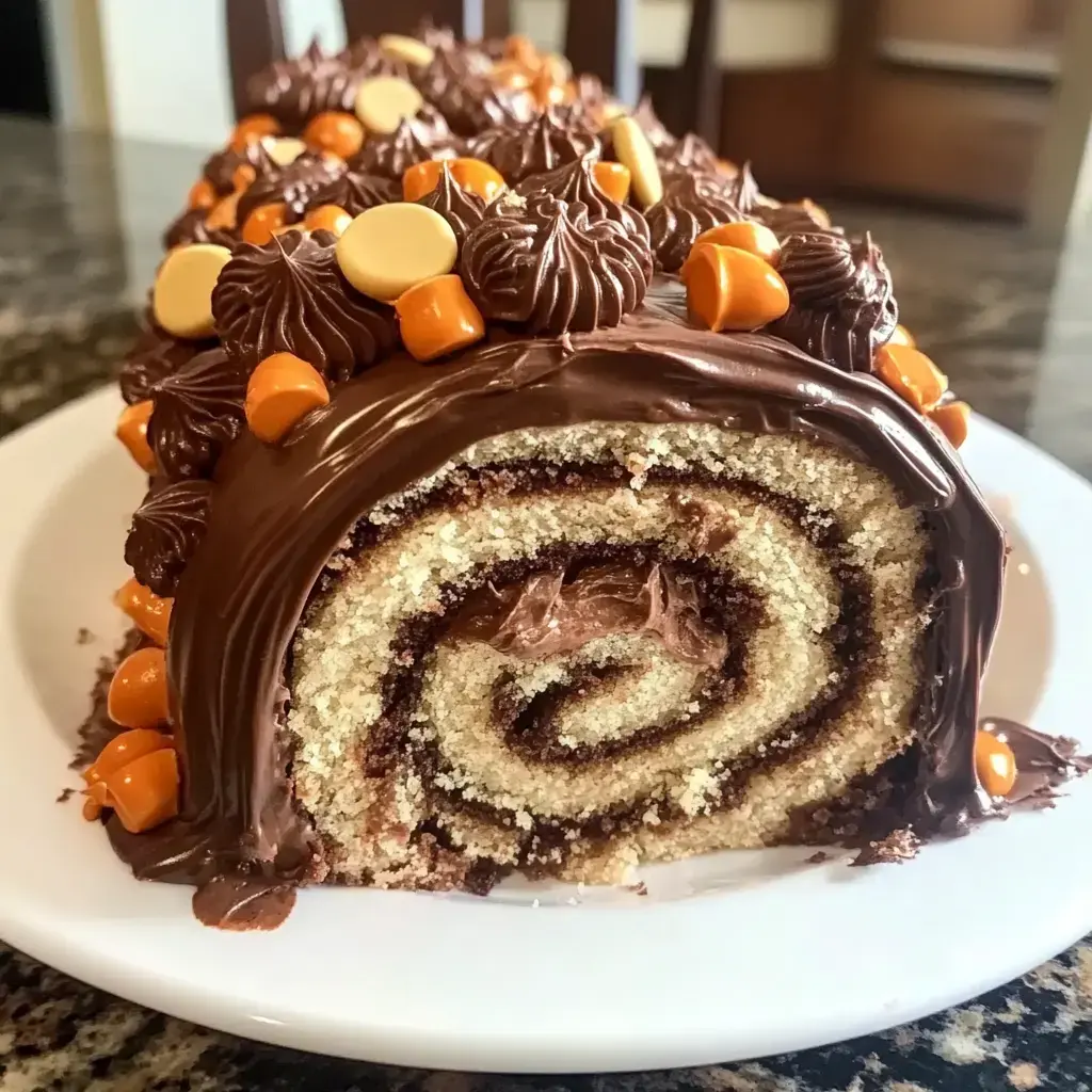 A chocolate-filled roll topped with ganache swirls and bright orange candies.